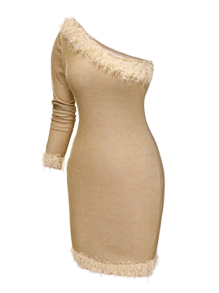 [Vorverkauf] Gold 1960er Eine Schulter Funkeln Pelzkragen Enges Kleid