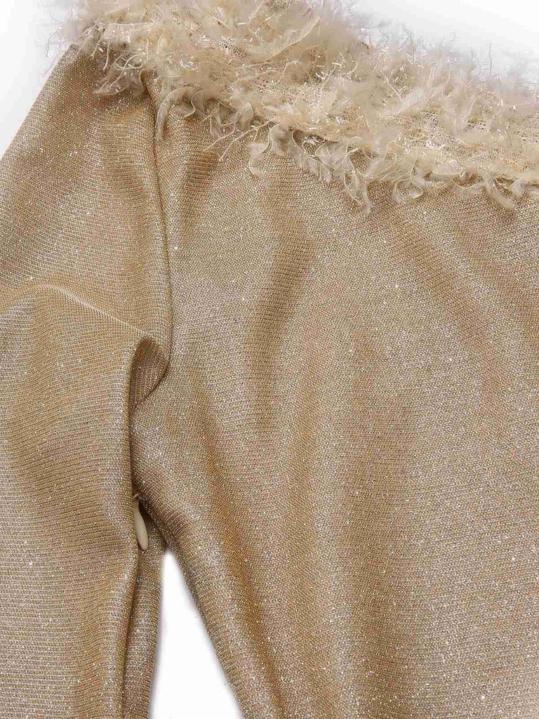 [Vorverkauf] Gold 1960er Eine Schulter Funkeln Pelzkragen Enges Kleid