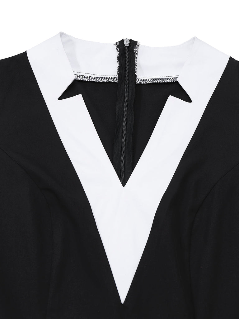 [Vorverkauf] 1930er V-Ausschnitt Kontrast Gürtel Jumpsuit