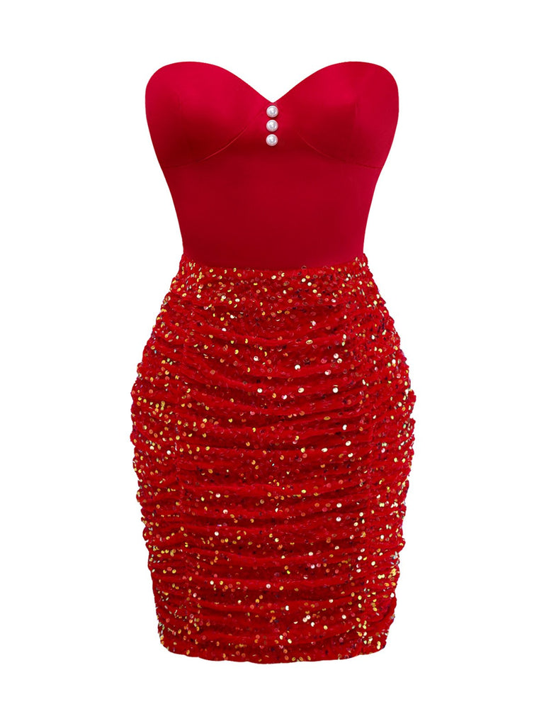 [Vorverkauf] Rot 1960er Trägerlos Perle Pailletten Gerüschtes Enges Kleid