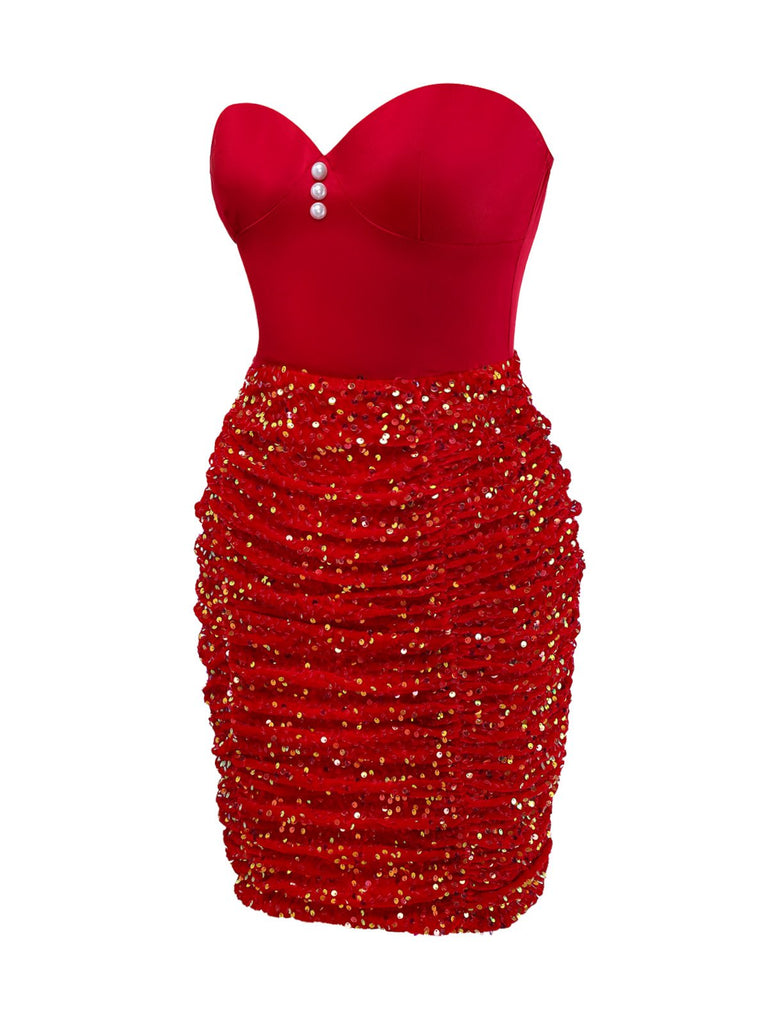 [Vorverkauf] Rot 1960er Trägerlos Perle Pailletten Gerüschtes Enges Kleid