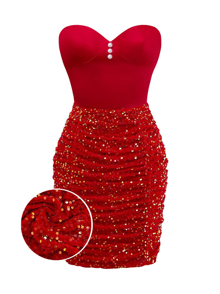 [Vorverkauf] Rot 1960er Trägerlos Perle Pailletten Gerüschtes Enges Kleid