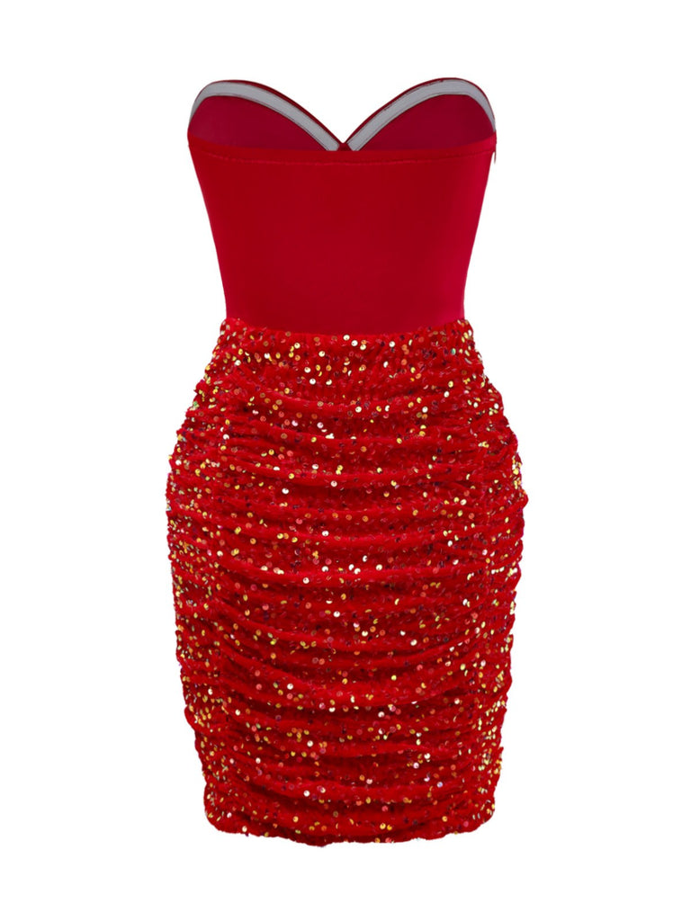 [Vorverkauf] Rot 1960er Trägerlos Perle Pailletten Gerüschtes Enges Kleid