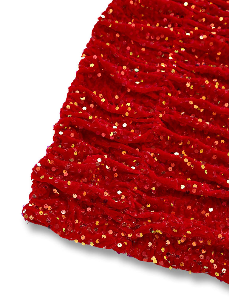 [Vorverkauf] Rot 1960er Trägerlos Perle Pailletten Gerüschtes Enges Kleid