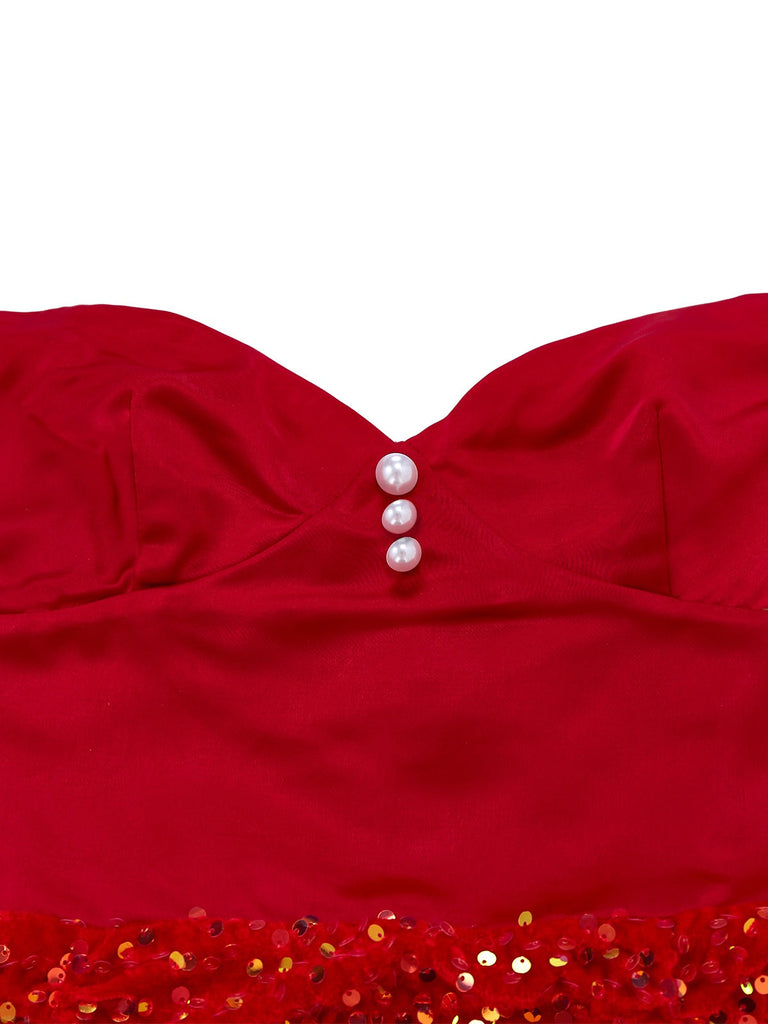 [Vorverkauf] Rot 1960er Trägerlos Perle Pailletten Gerüschtes Enges Kleid