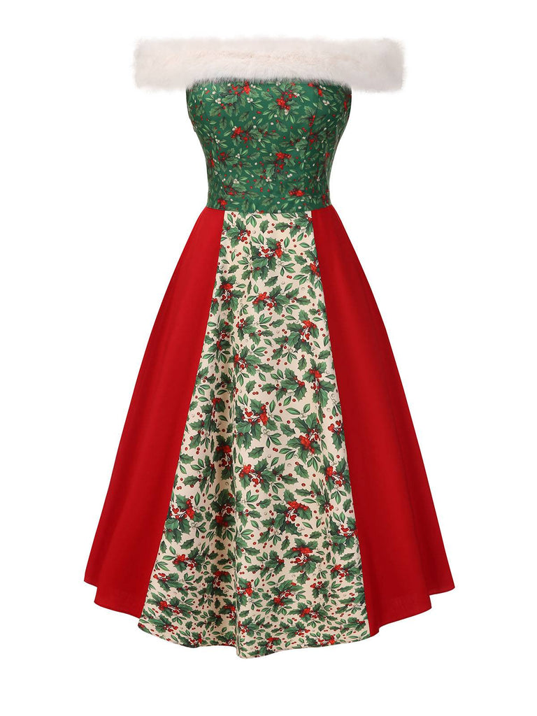 [Vorverkauf] Rot & Grün 1940er Weihnachten Pelzkragen Winterbeere Kleid