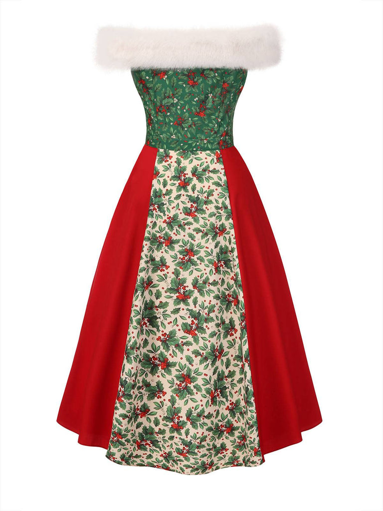 [Vorverkauf] Rot & Grün 1940er Weihnachten Pelzkragen Winterbeere Kleid