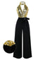 [Vorverkauf] Gold 1930er Pailletten Samt Schlüsselloch Halter Jumpsuit
