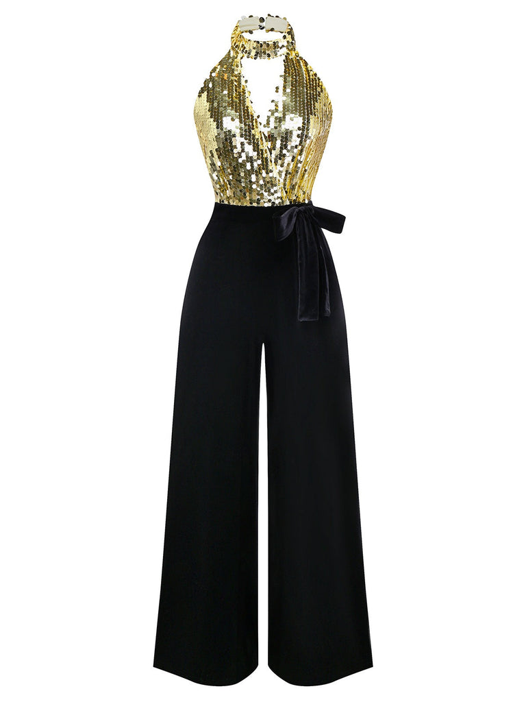[Vorverkauf] Gold 1930er Pailletten Samt Schlüsselloch Halter Jumpsuit