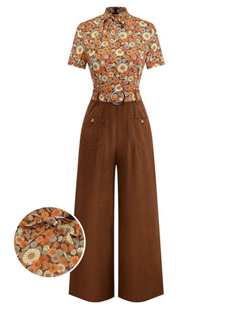 [Vorverkauf] Orange 1970er Gänseblümchen Cord Krawattenhals Jumpsuit