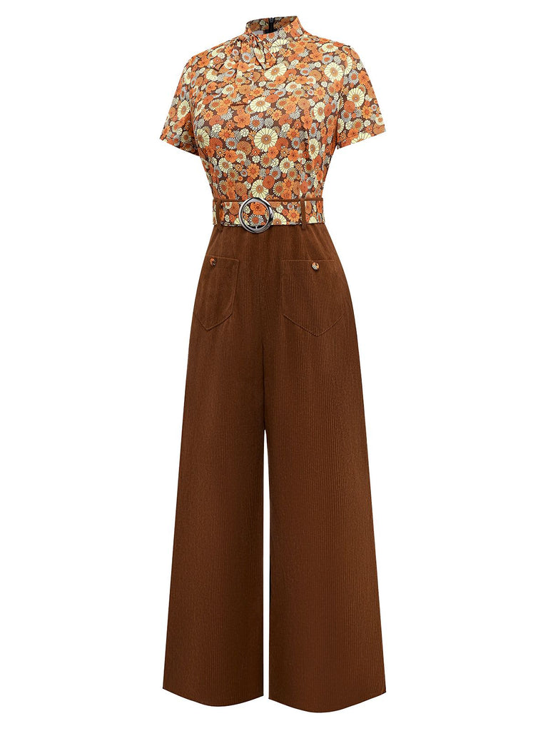 [Vorverkauf] Orange 1970er Gänseblümchen Cord Krawattenhals Jumpsuit