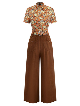 [Vorverkauf] Orange 1970er Gänseblümchen Cord Krawattenhals Jumpsuit