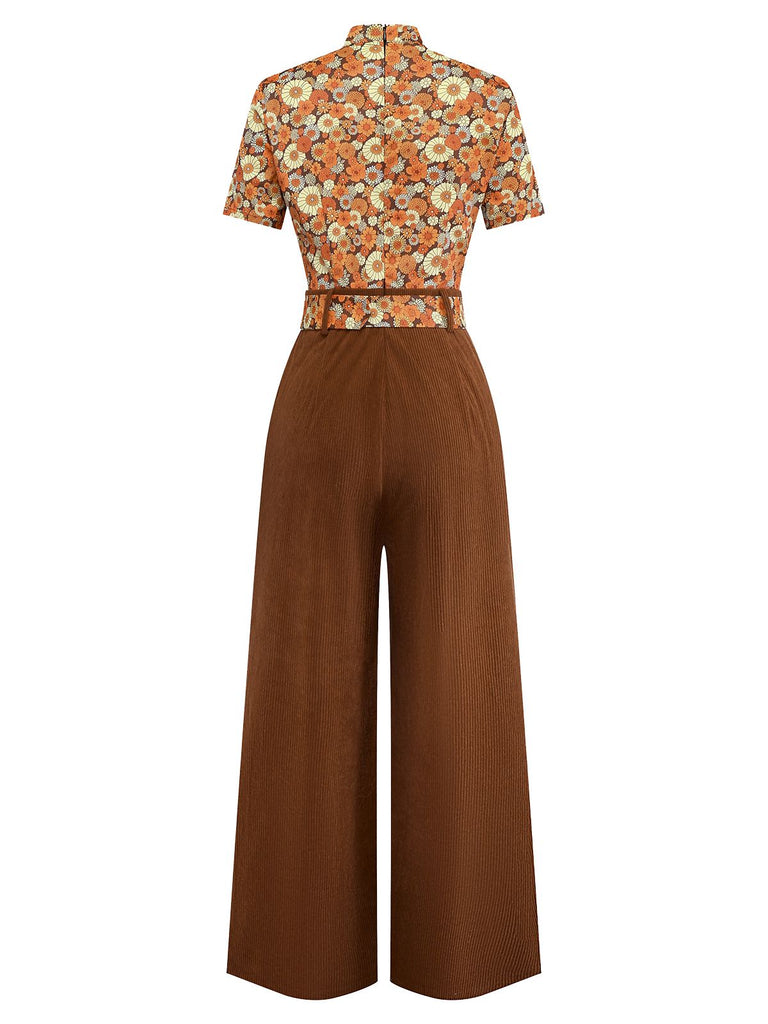 [Vorverkauf] Orange 1970er Gänseblümchen Cord Krawattenhals Jumpsuit