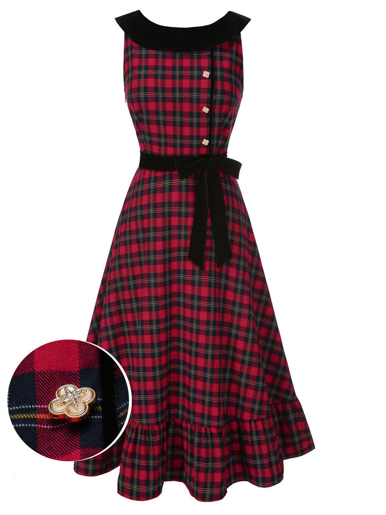 [Vorverkauf] Rot 1940er Scottish Plaid Samt Patchwork Rüschen Kleid