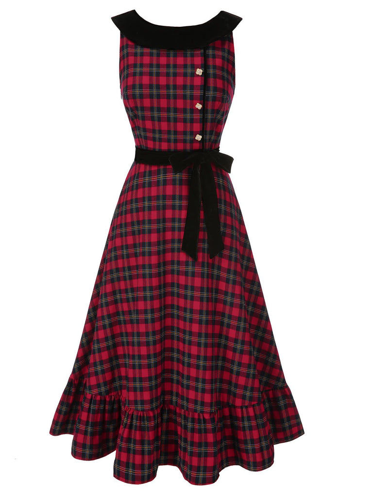 [Vorverkauf] Rot 1940er Scottish Plaid Samt Patchwork Rüschen Kleid