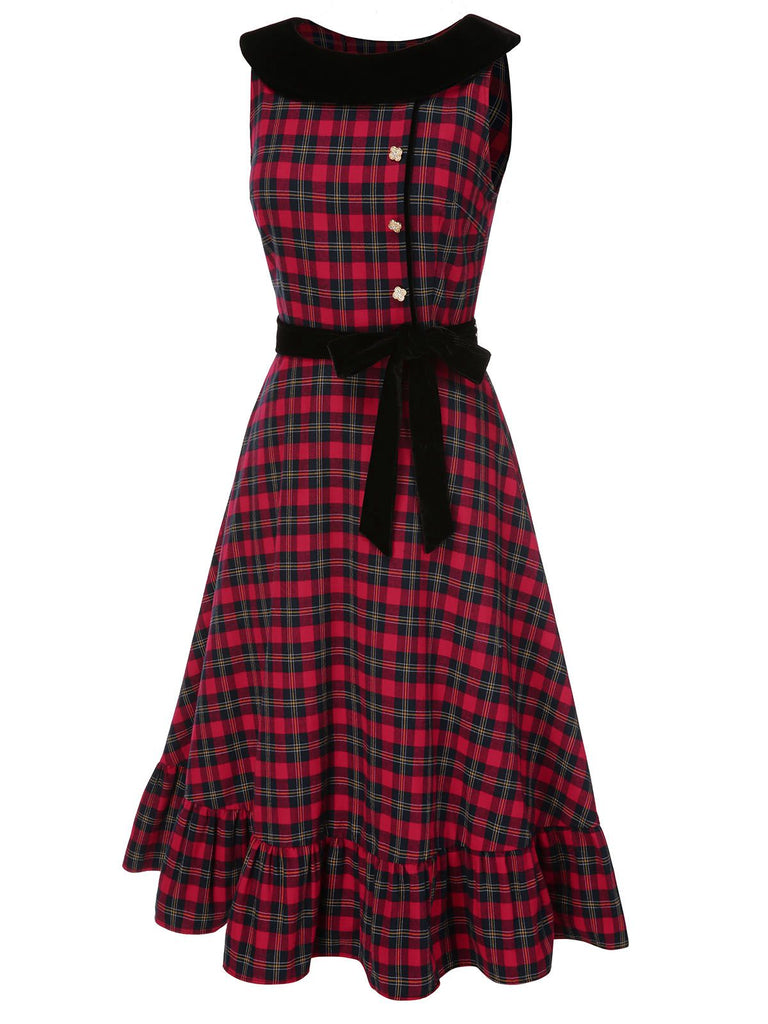 [Vorverkauf] Rot 1940er Scottish Plaid Samt Patchwork Rüschen Kleid