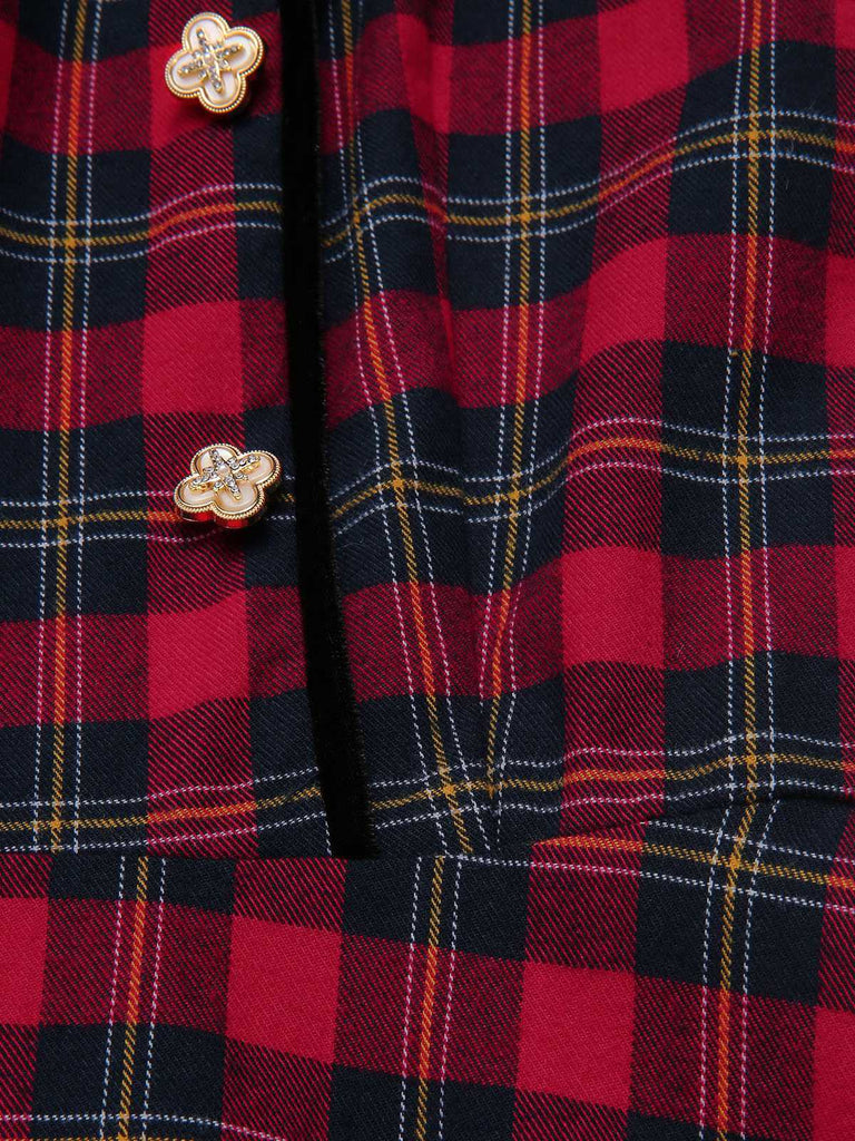 [Vorverkauf] Rot 1940er Scottish Plaid Samt Patchwork Rüschen Kleid
