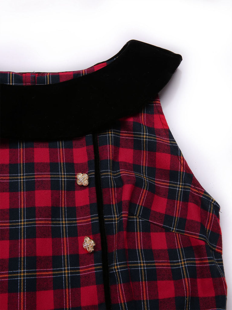 [Vorverkauf] Rot 1940er Scottish Plaid Samt Patchwork Rüschen Kleid