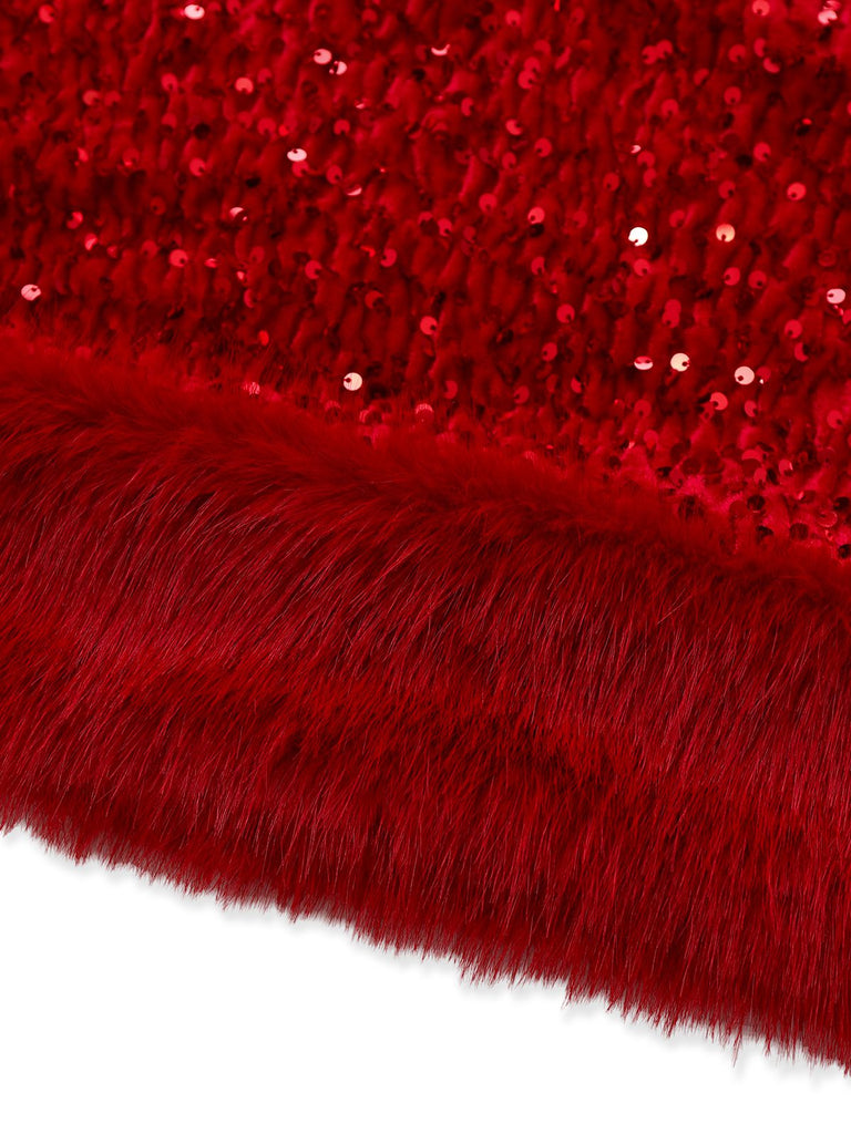 [Vorverkauf] 2PCS Rot 1970er Samt Pailletten Kleid & Kunstpelz Schal