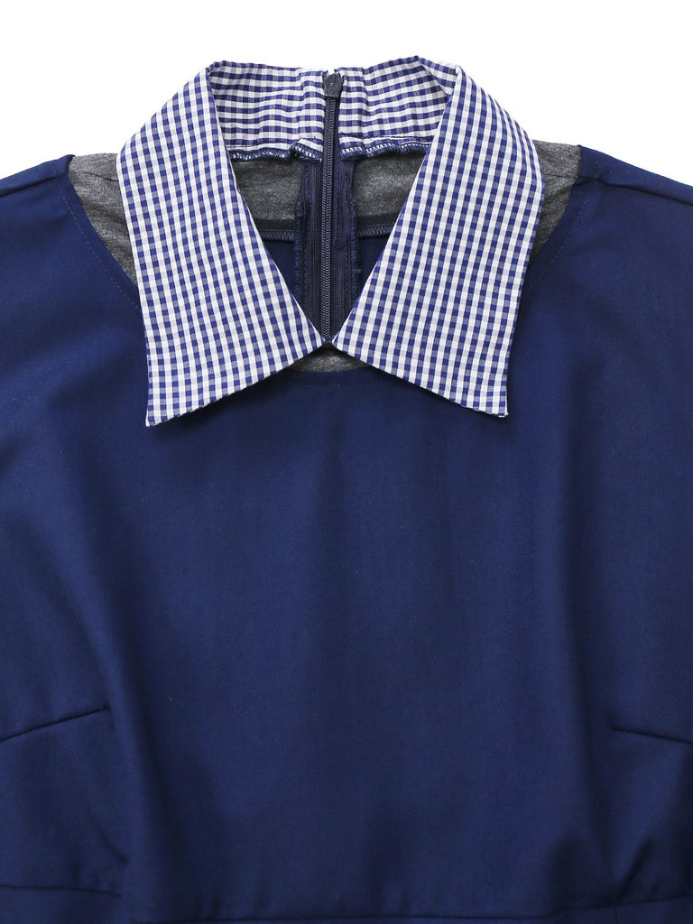 [Vorverkauf] Blau 1960er Plaid Revers Patchwork Plissiertes Kleid