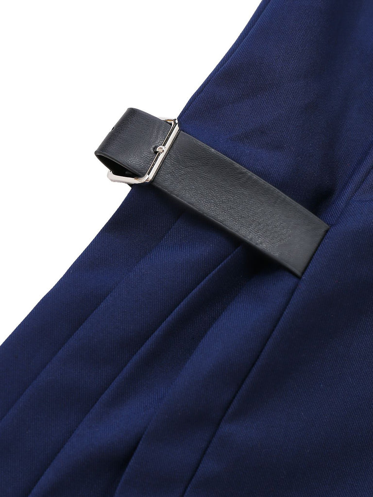 [Vorverkauf] Blau 1960er Plaid Revers Patchwork Plissiertes Kleid