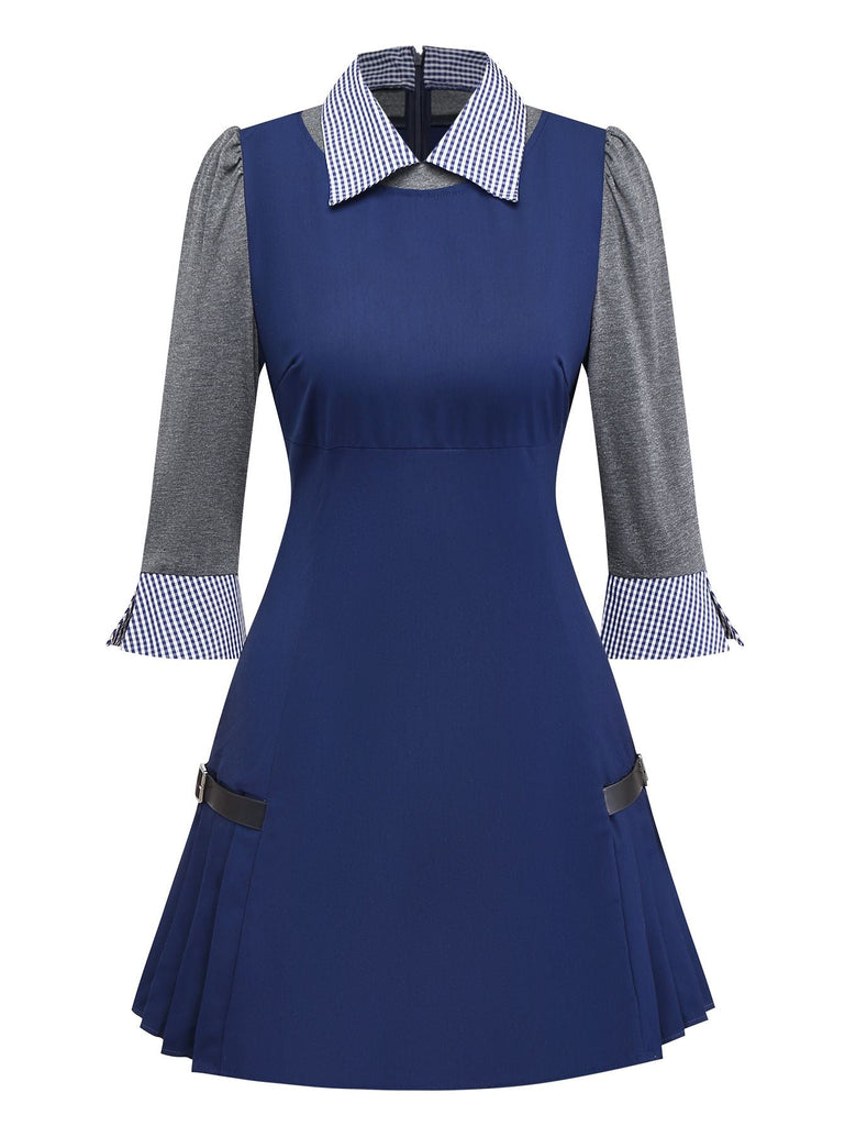 [Vorverkauf] Blau 1960er Plaid Revers Patchwork Plissiertes Kleid