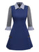 [Vorverkauf] Blau 1960er Plaid Revers Patchwork Plissiertes Kleid