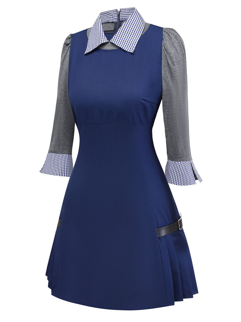 [Vorverkauf] Blau 1960er Plaid Revers Patchwork Plissiertes Kleid