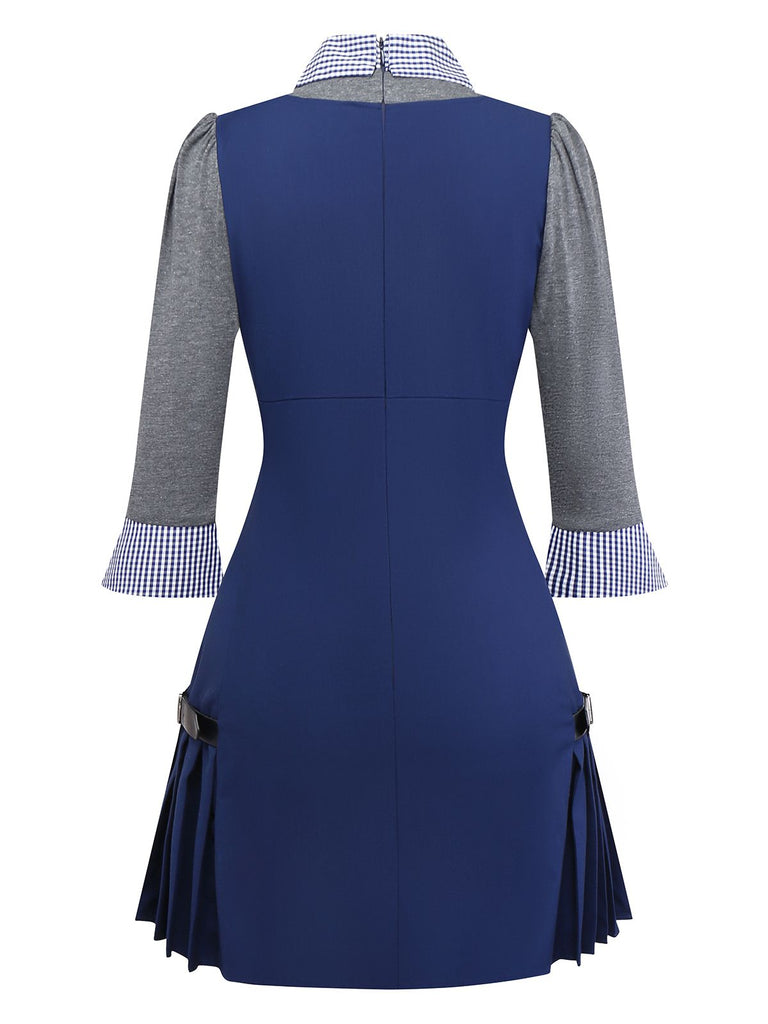 [Vorverkauf] Blau 1960er Plaid Revers Patchwork Plissiertes Kleid