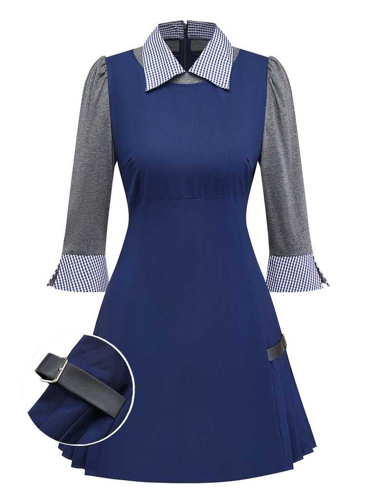 [Vorverkauf] Blau 1960er Plaid Revers Patchwork Plissiertes Kleid