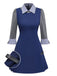 [Vorverkauf] Blau 1960er Plaid Revers Patchwork Plissiertes Kleid
