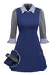 [Vorverkauf] Blau 1960er Plaid Revers Patchwork Plissiertes Kleid