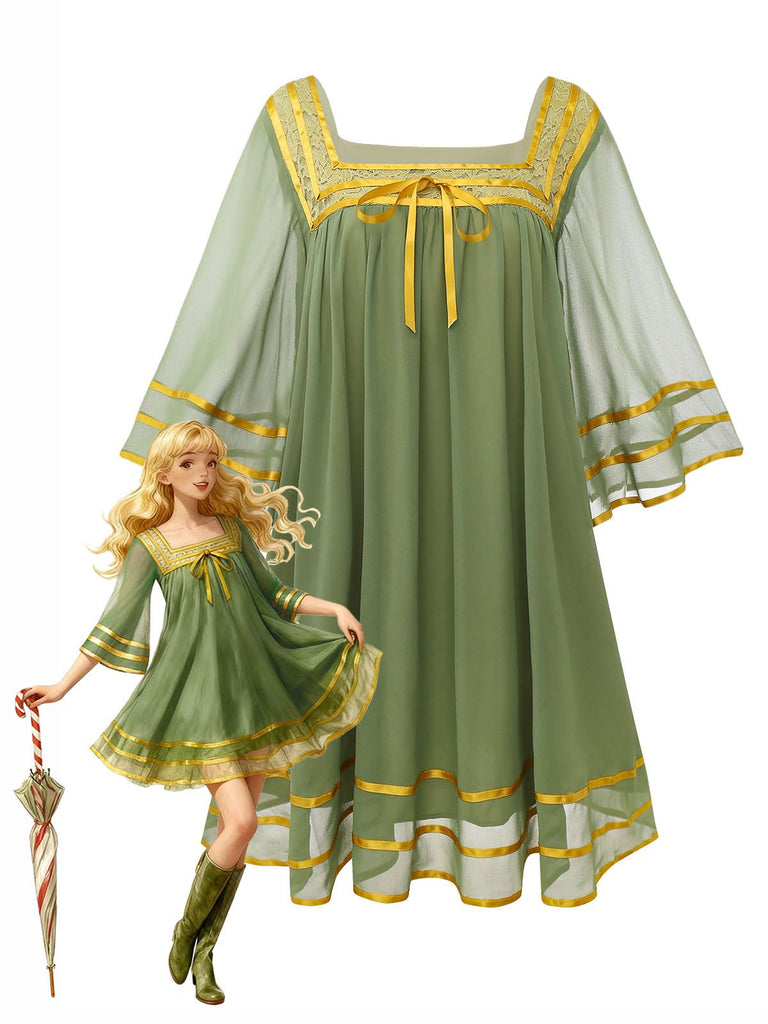 [Vorverkauf] Grün & Gold 1970er Transparenter Glockenärmel Kleid