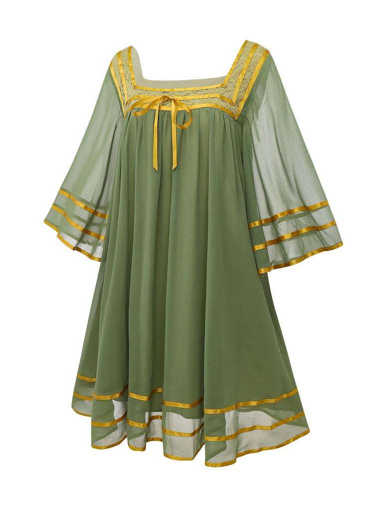 [Vorverkauf] Grün & Gold 1970er Transparenter Glockenärmel Kleid