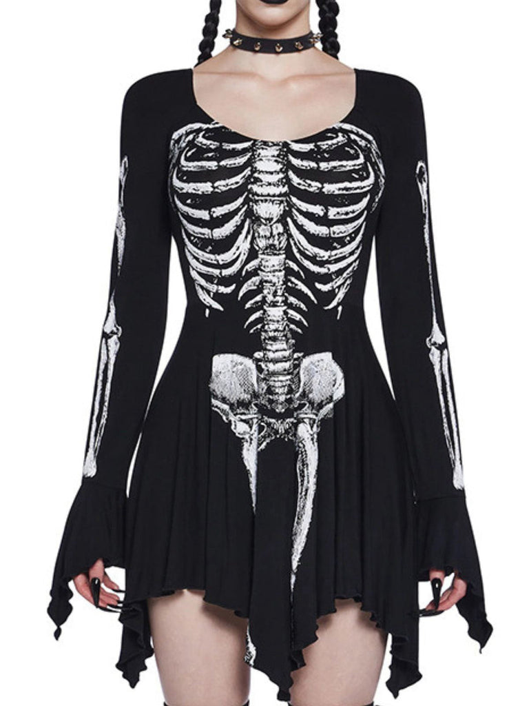 Schwarz 1980er Halloween Schädel Drucken Mini Kleid