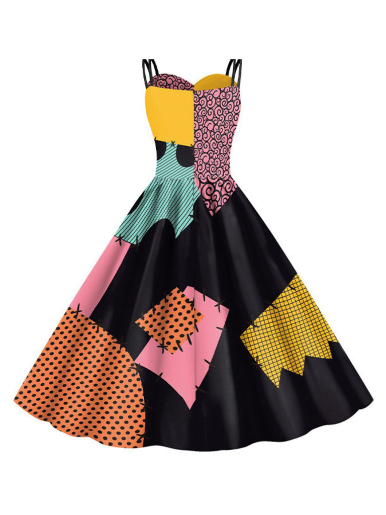 Multicolor 1950er Nightmare Before Christmas Sally Farbblock Kleid