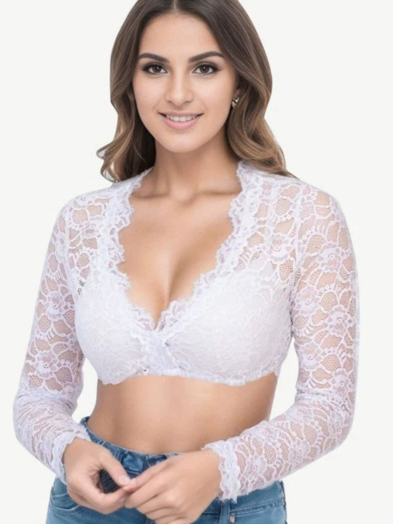 1950er Solide Oktoberfest Spitze Illusion Langarm Crop Top