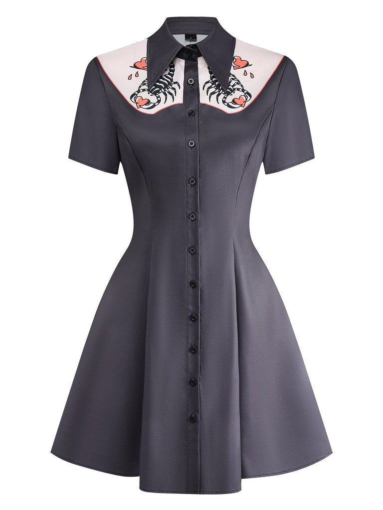 Schwarz 1960er Skorpion Herzen Drucken Hemd Kleid
