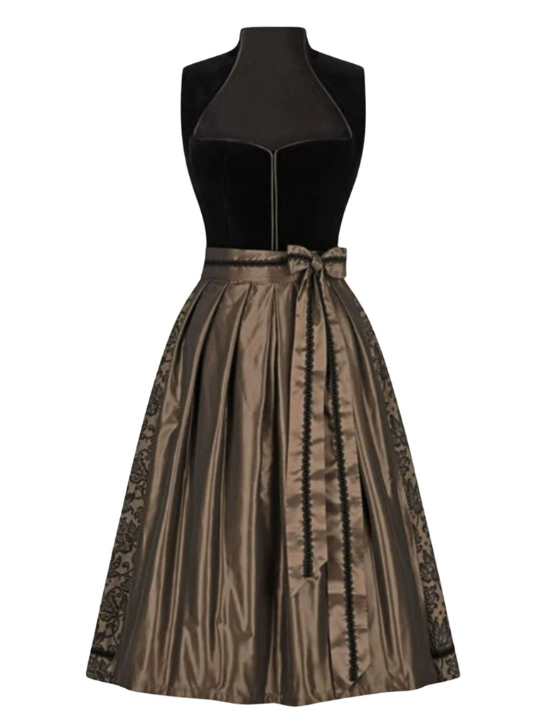 Braun 1950er Oktoberfest Dirndl Häkelsamt Kleid & Satin Plissiertes Schürze