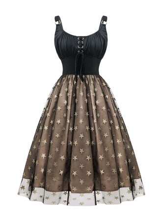 Schwarz 1950er Gold Stern Pailletten Netz Gerüschtes Kleid