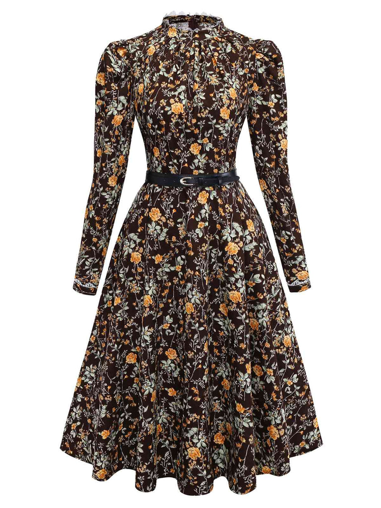 [Vorverkauf] Braun 1980er Blumen Spitze Patchwork Cord Kleid