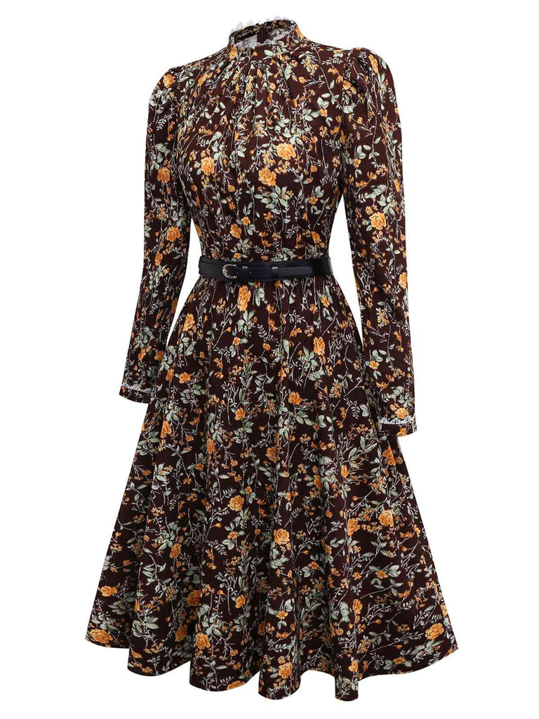 [Vorverkauf] Braun 1980er Blumen Spitze Patchwork Cord Kleid