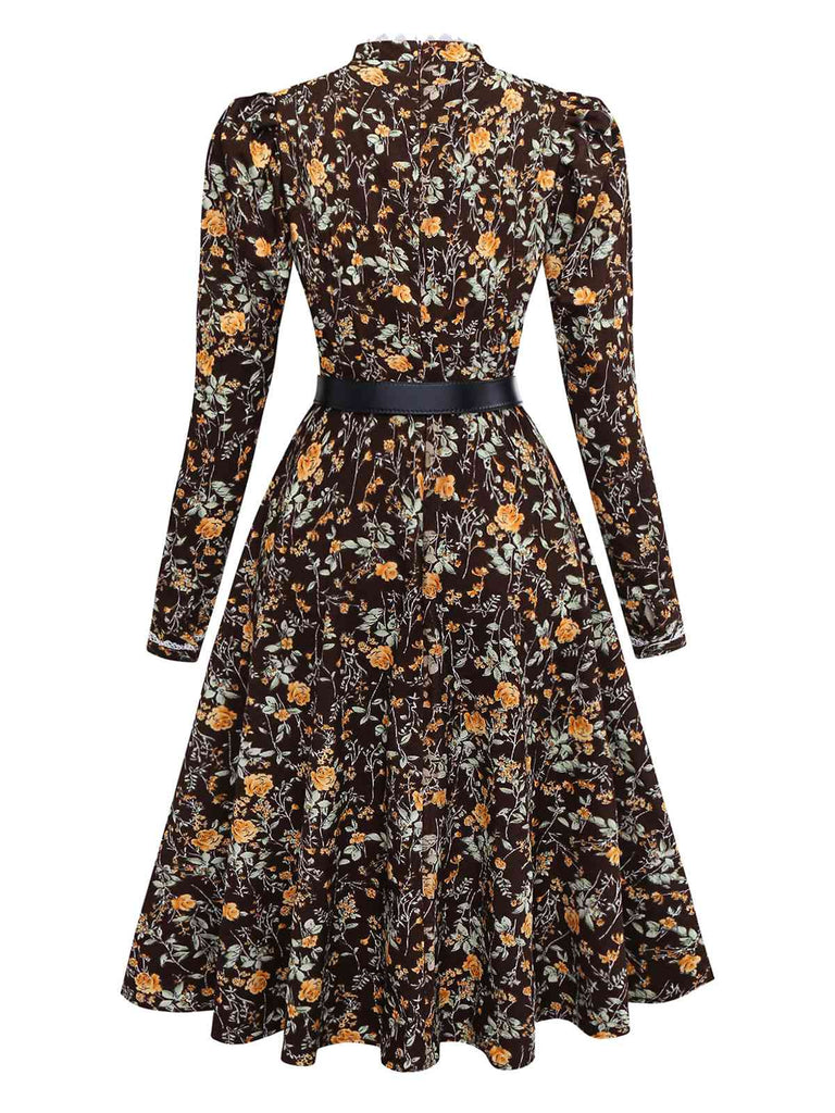 [Vorverkauf] Braun 1980er Blumen Spitze Patchwork Cord Kleid