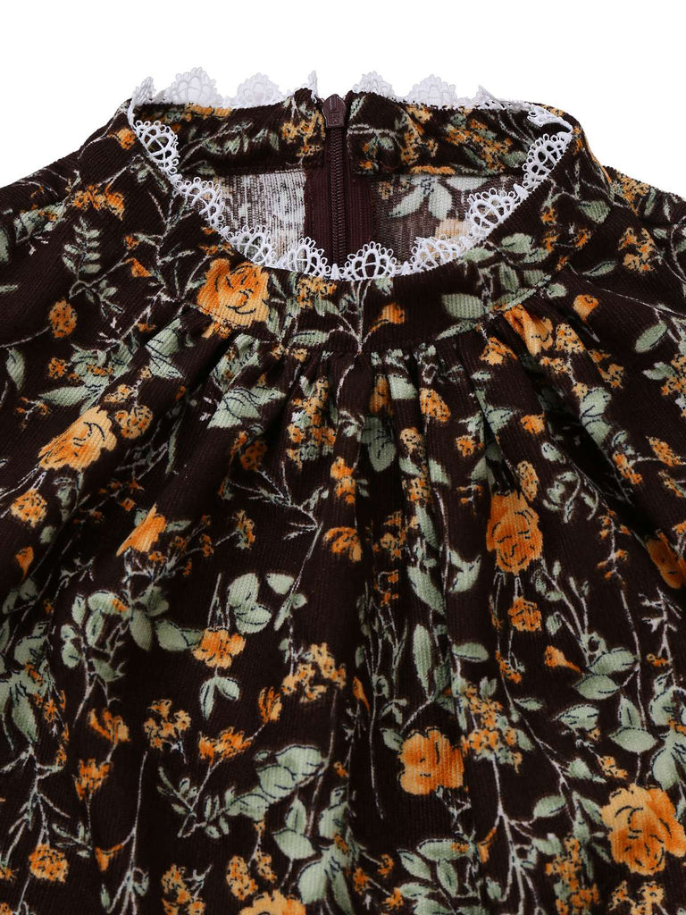 [Vorverkauf] Braun 1980er Blumen Spitze Patchwork Cord Kleid