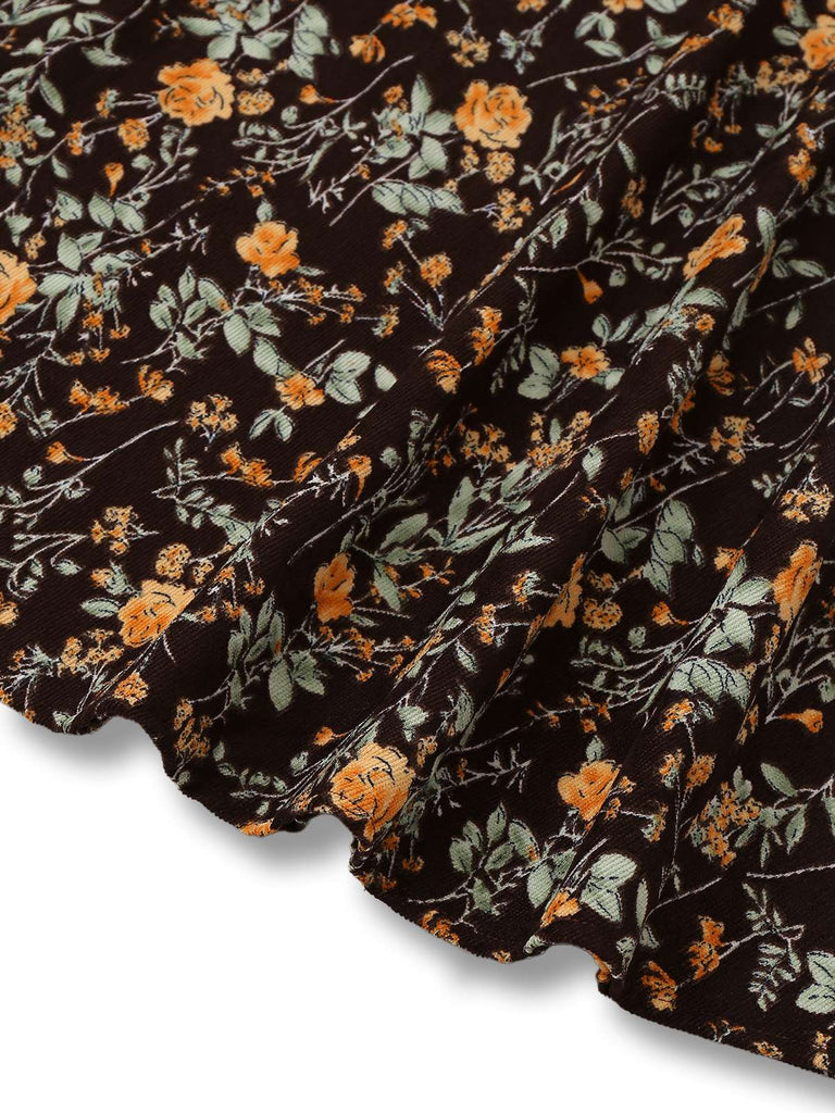 [Vorverkauf] Braun 1980er Blumen Spitze Patchwork Cord Kleid