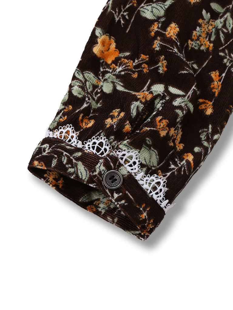 [Vorverkauf] Braun 1980er Blumen Spitze Patchwork Cord Kleid