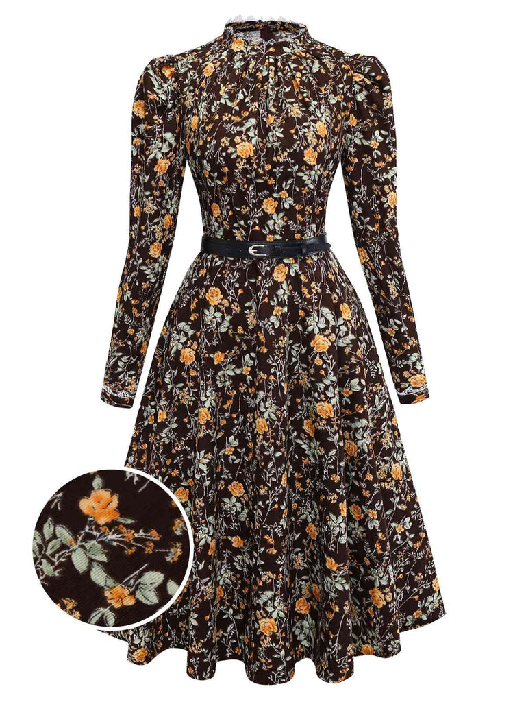 [Vorverkauf] Braun 1980er Blumen Spitze Patchwork Cord Kleid