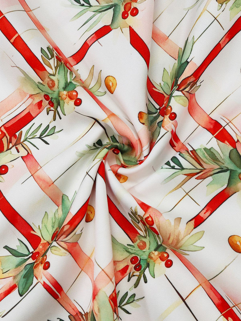 [Vorverkauf] Grün 1950er Weihnachten Stechpalmenblatt Pelzkragen Schulterfrei Kleid