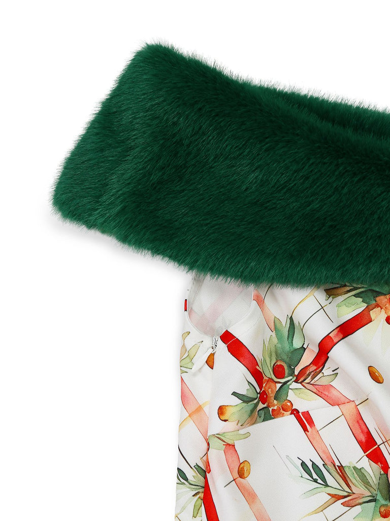 [Vorverkauf] Grün 1950er Weihnachten Stechpalmenblatt Pelzkragen Schulterfrei Kleid