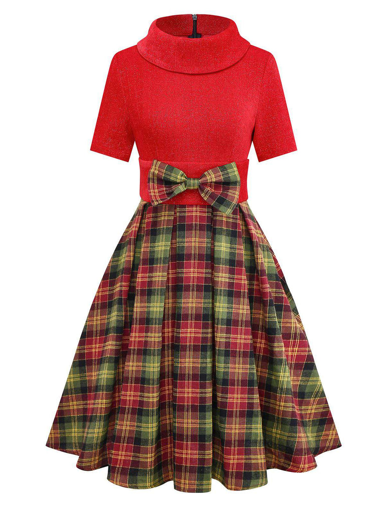 [Vorverkauf] Rot 1950er Weihnachten Rollkragen Glitzer Pullover Plaid Kleid